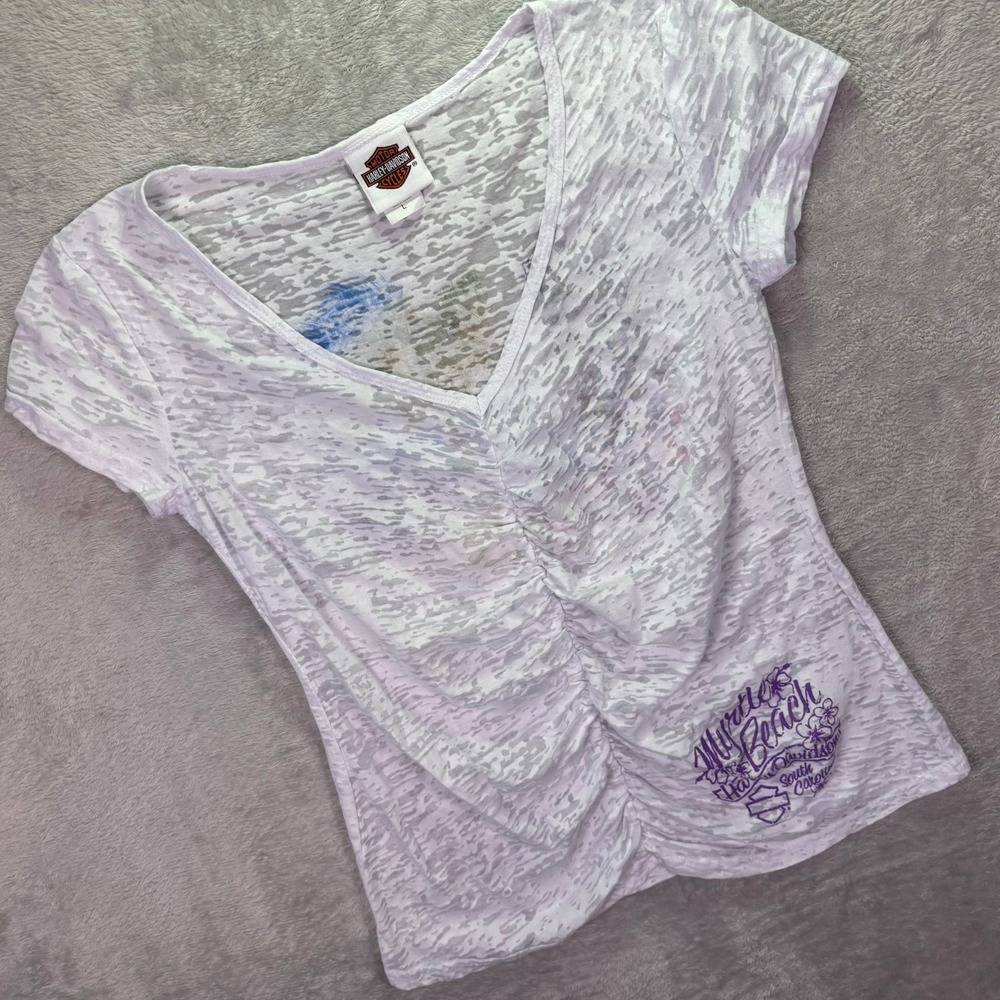 Harley Davidson Women T-Shirt Sz L White Burnout Myrtle Beach Ruched V-Neck 2012